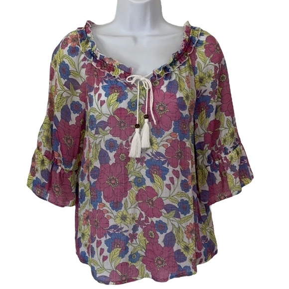 MAKE AN OFFER I.N.STUDIO WOMENS 3/4 SLEEVE FLORAL BOHO TOP  TIE TASSELS SMALL - Picture 1 of 6